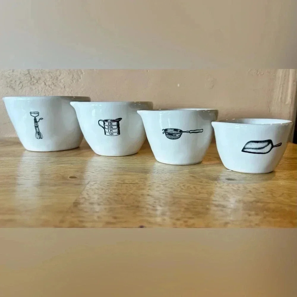 Rae Dunn White Ceramic Measuring Cups with Vintage Kitchen Tool Illustrations